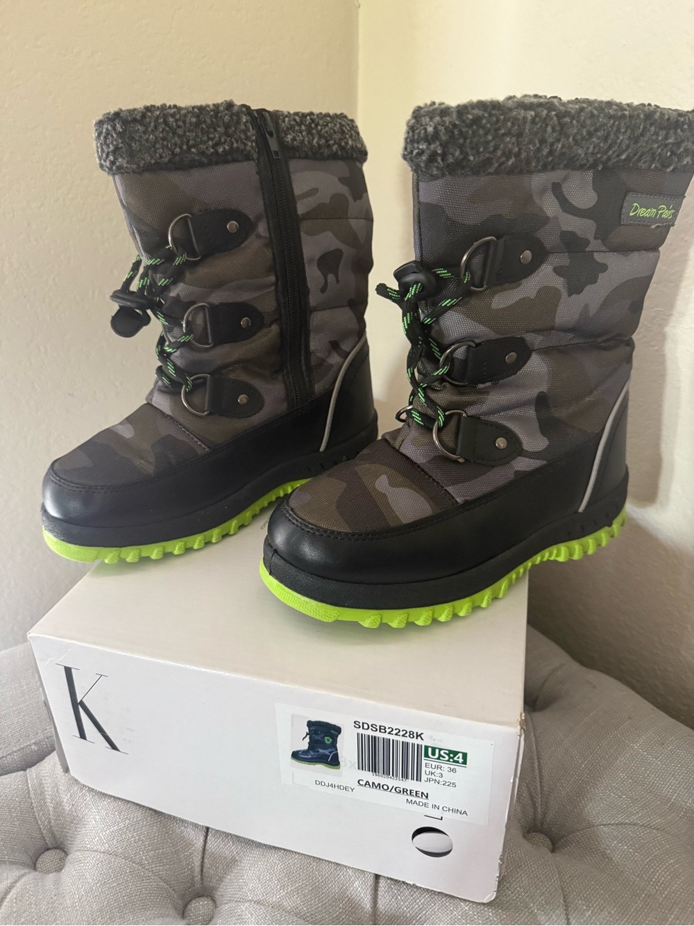 Camo Quilted Winter Boots with Lime Green Soles